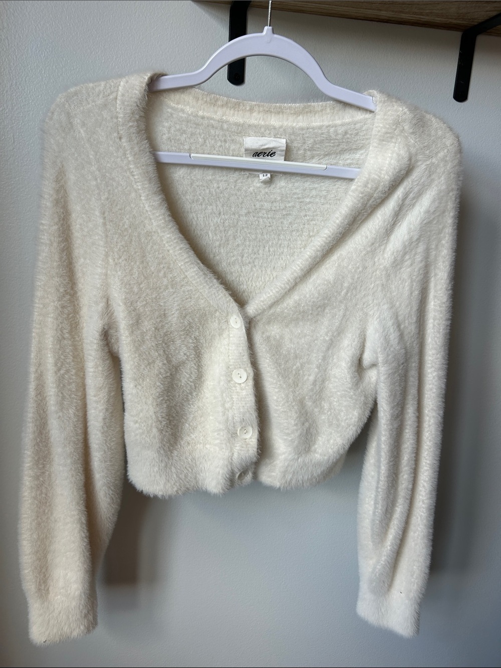 Aerie Cream Cropped Fuzzy V-Neck Button Front Sweater Cardigan